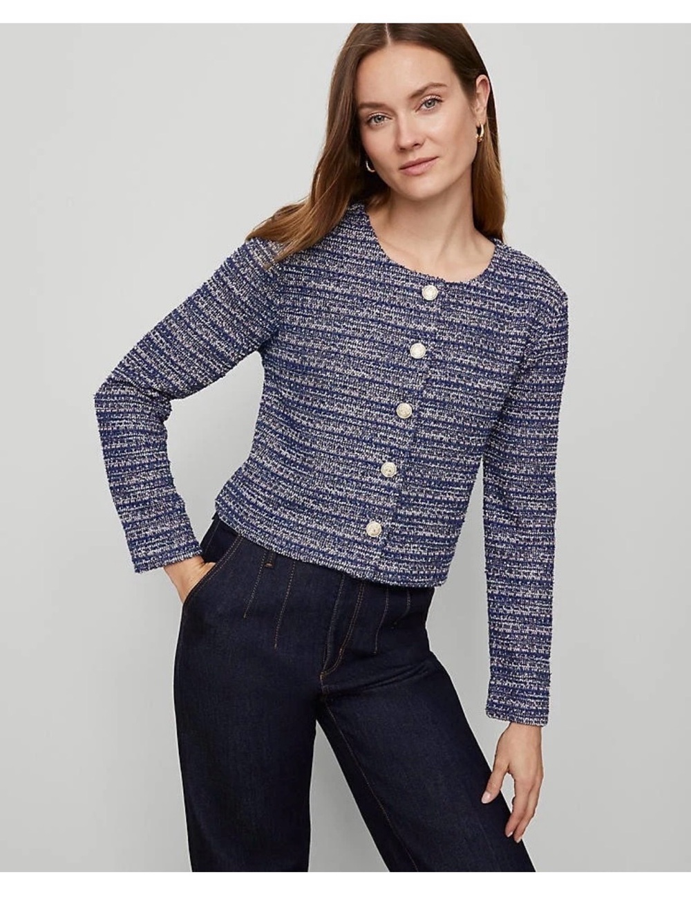 NWT Ann Taylor Tweed Cropped Jacket sweater cardigan blue sz M